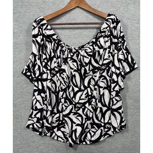Chicos Womens Shirt Sz L 100% Linen Black White Leaf Print Off Shoulder Summer